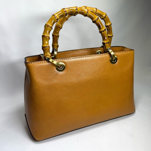Patricia Nash Handbags - Patricia Nash Leather Satchel Bamboo Top Double Handles Firm Cognac Brown SEE
